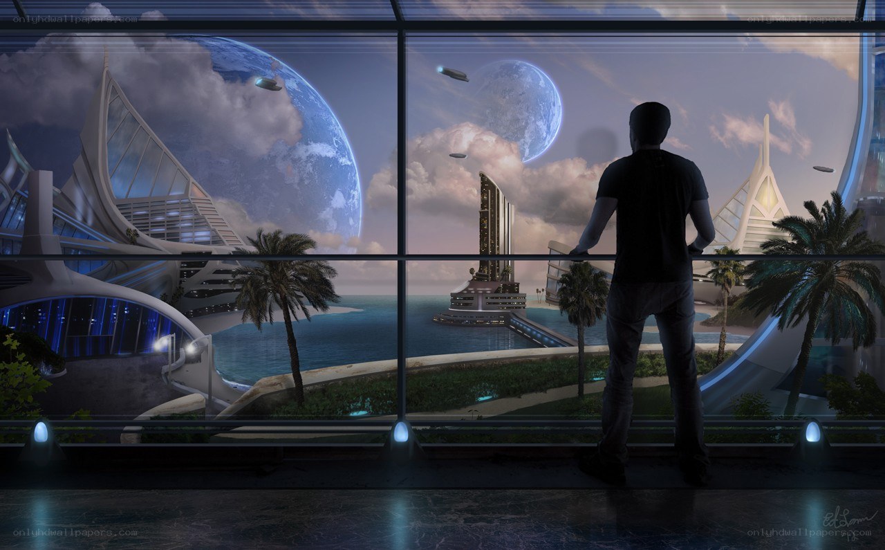 Man gazes at alien cityscape