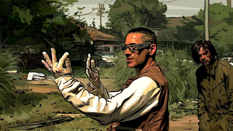 man gesturing in outdoor scene