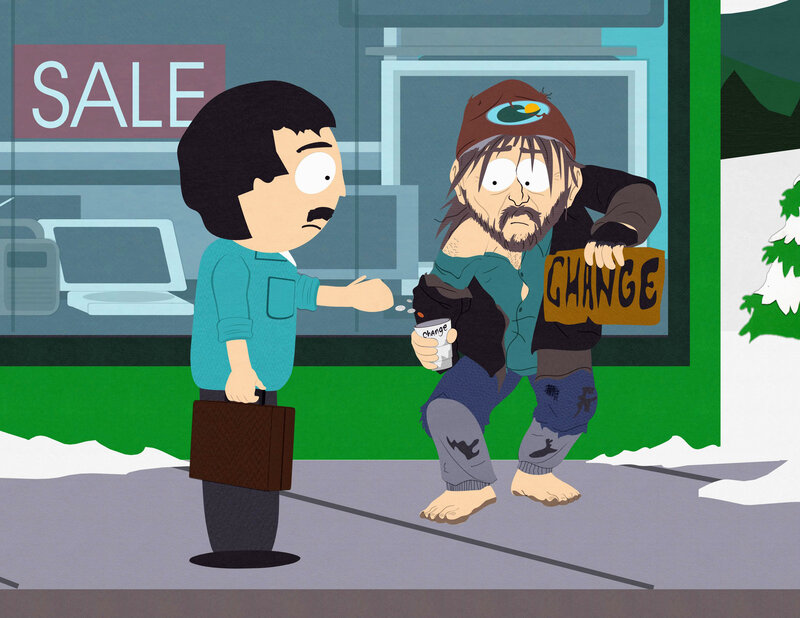 man giving change to homeless man