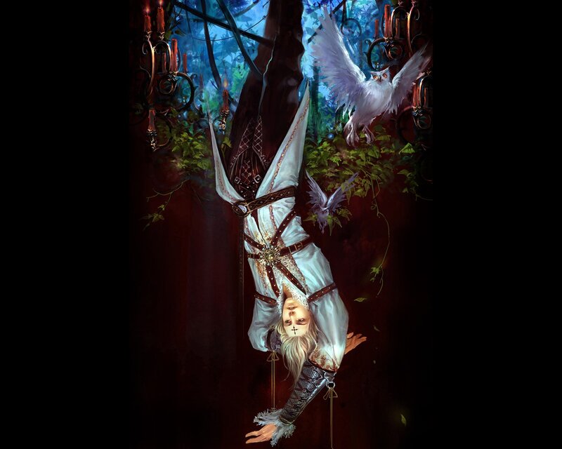 Man hanging upside down in forest