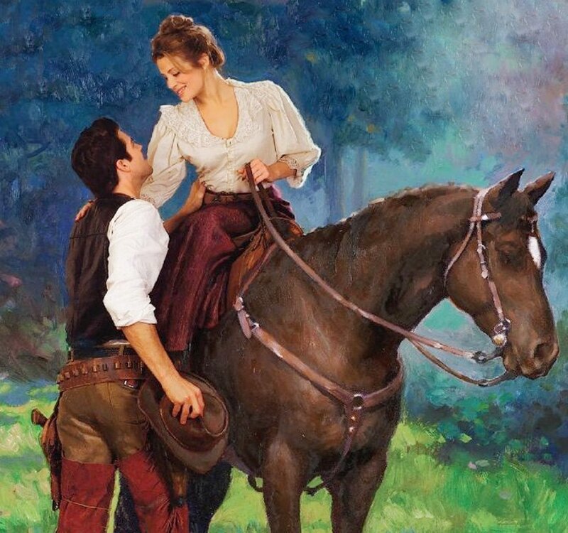 Man Helping Woman on Horse
