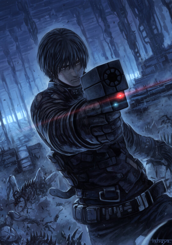 Man Holding a Gun — Blue, Dramatic, Night, Digital Art