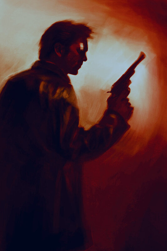 Man Holding a Gun — Red, Dramatic, Digital Art, Coat
