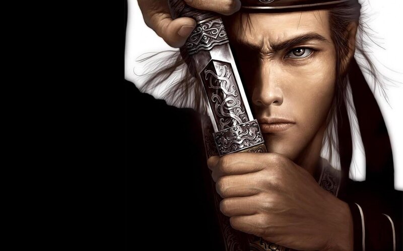 Man Holding a Sword — Black, Dramatic, Digital Art, Hat