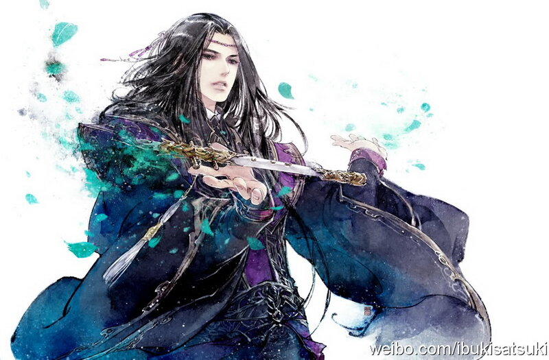 Man Holding a Sword — Blue, Dramatic, Digital Art, Long Hair