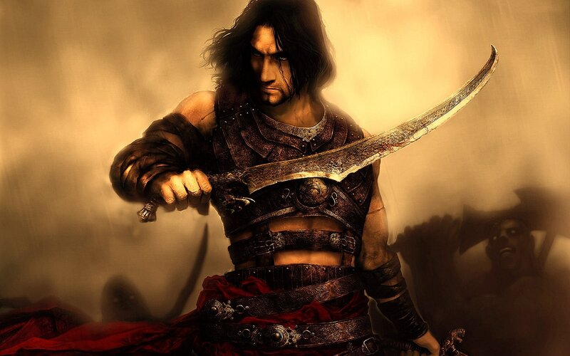 Man Holding Curved Sword — Brown, Dramatic, Digital Art, Armor, Red Cloth, Gold, Black
