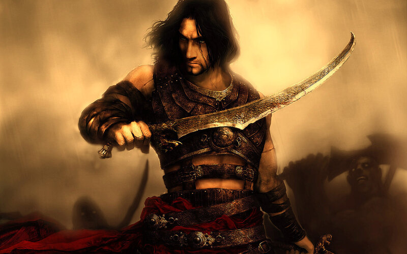 Man Holding Curved Sword — Brown, Dramatic
