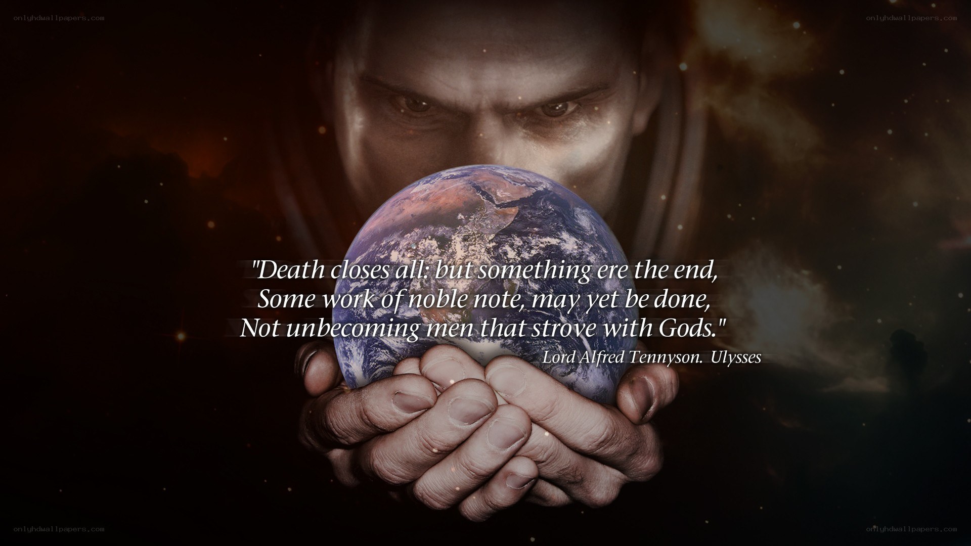 man holding earth with quote