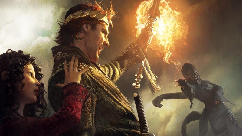 Man Holding Flaming Sword — Gold