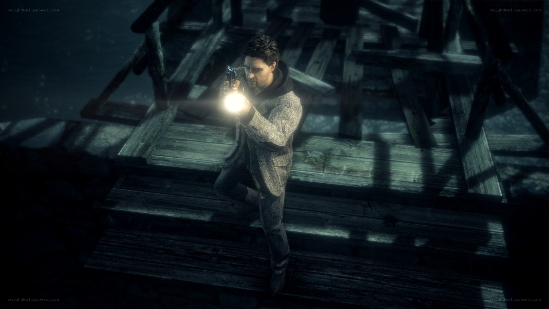 man holding flashlight on dock