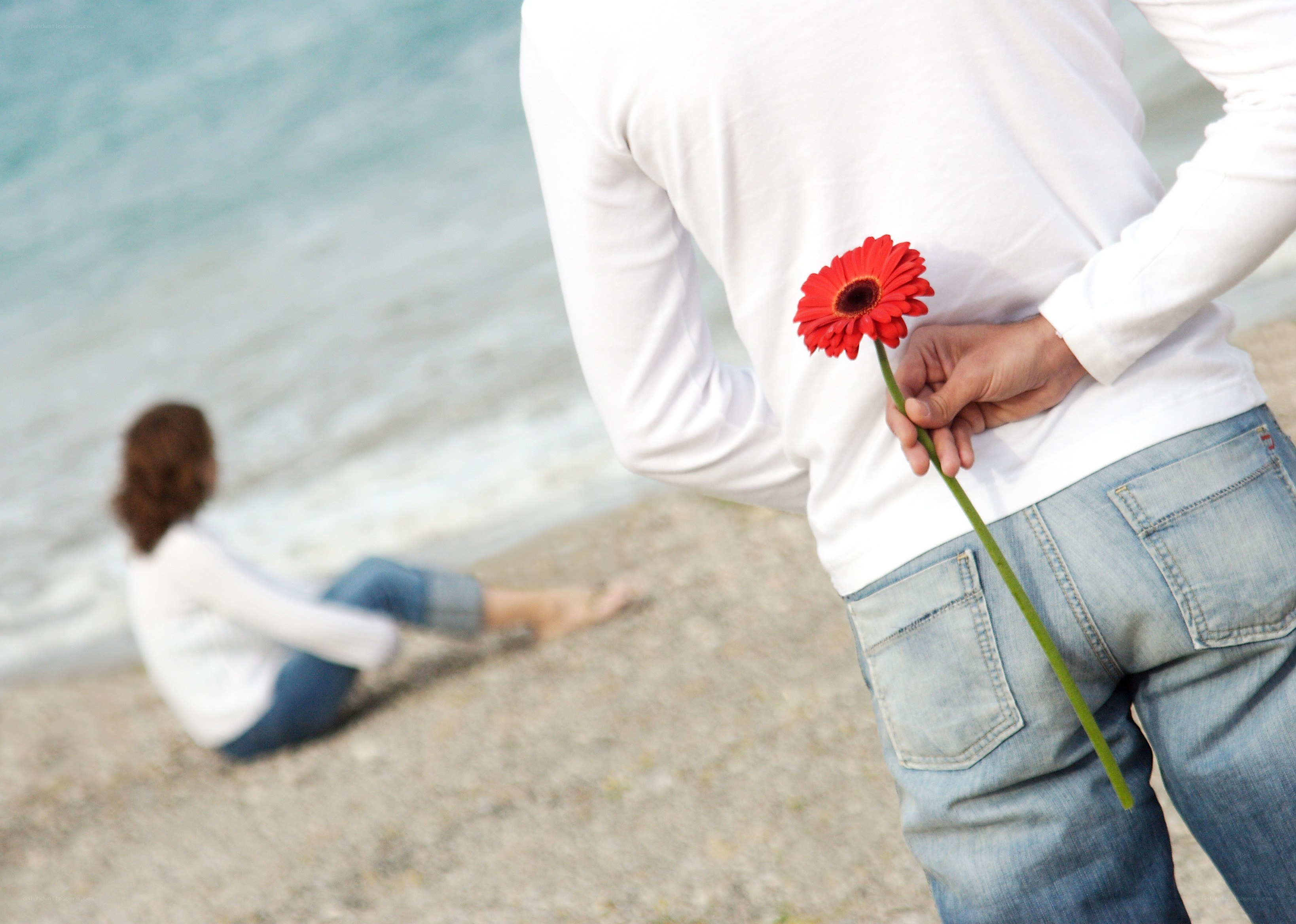 man holding flower behind back