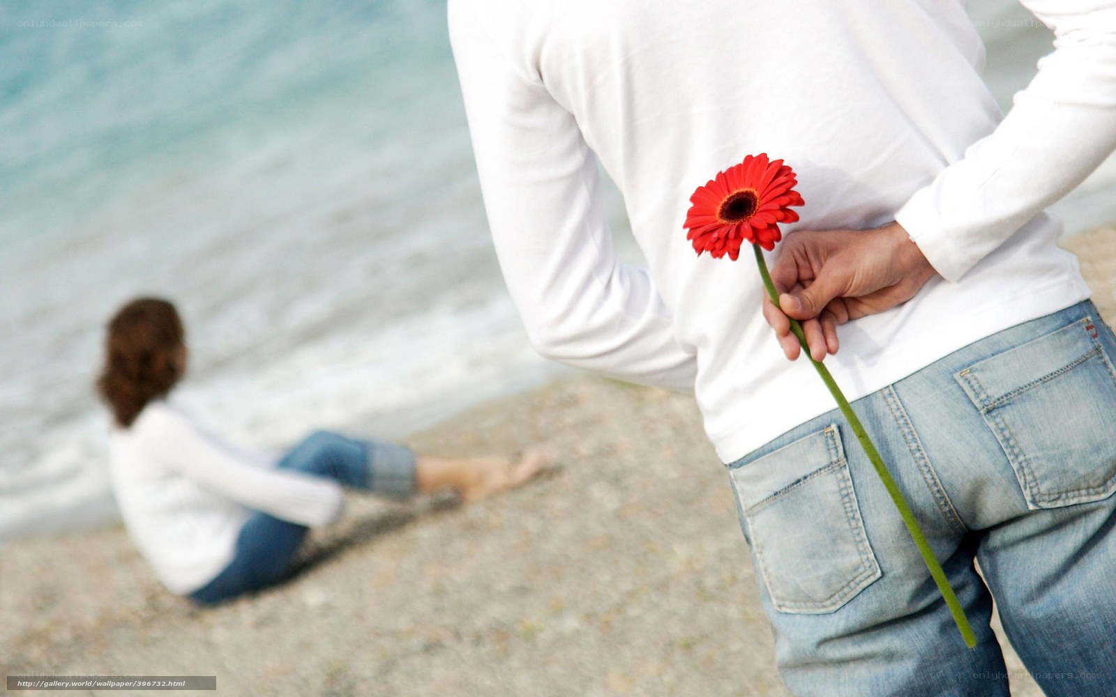 man holding flower behind back