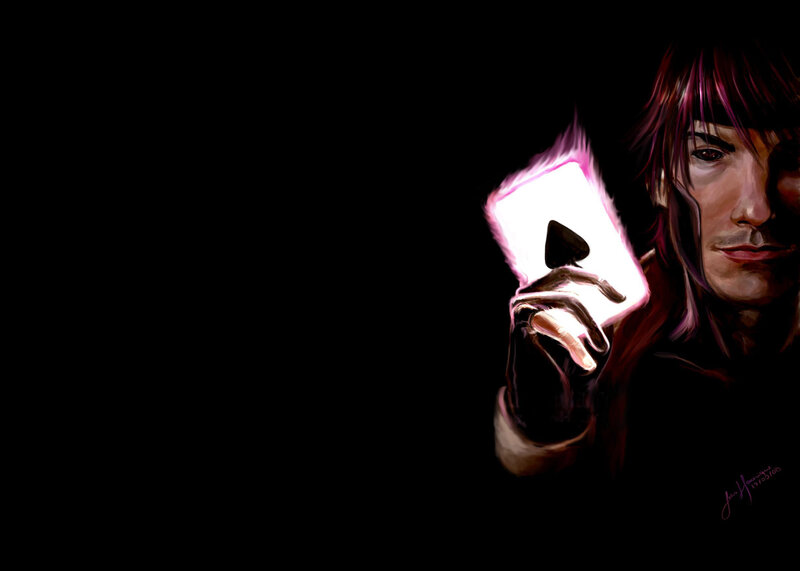 man holding glowing card