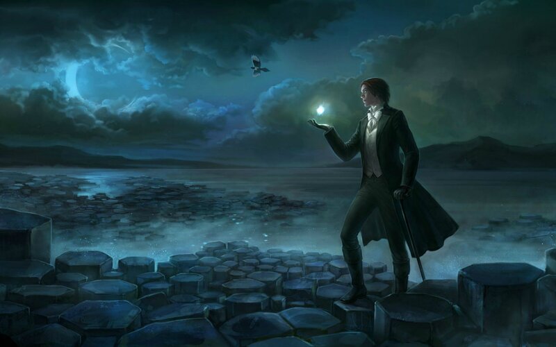 Man Holding Glowing Orb — Blue, Dramatic, Night