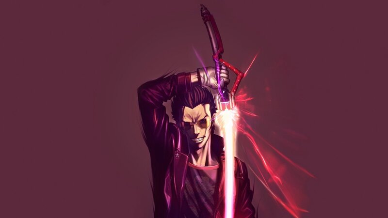 Man Holding Glowing Sword — Purple, Dramatic, Digital Art