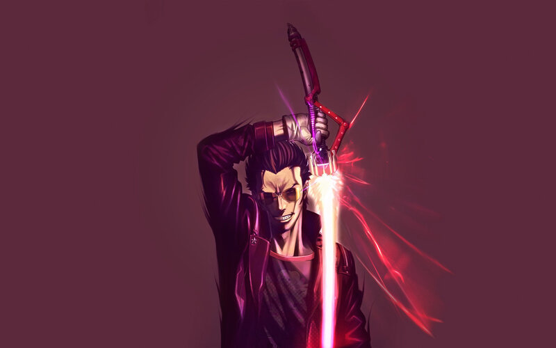 Man Holding Glowing Sword — Purple, Dramatic