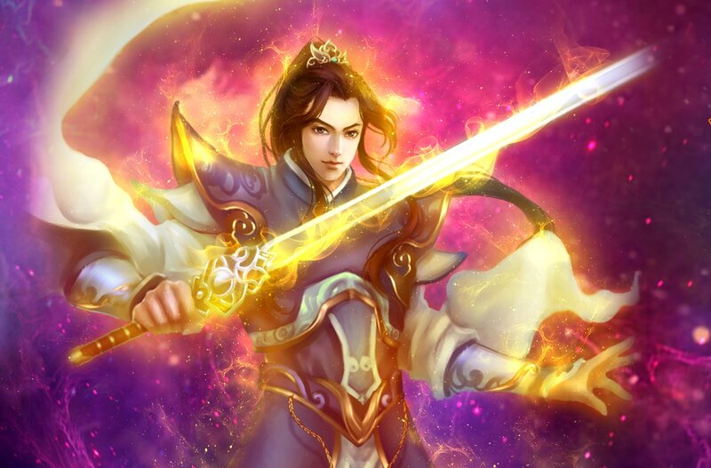 Man Holding Glowing Sword — Purple