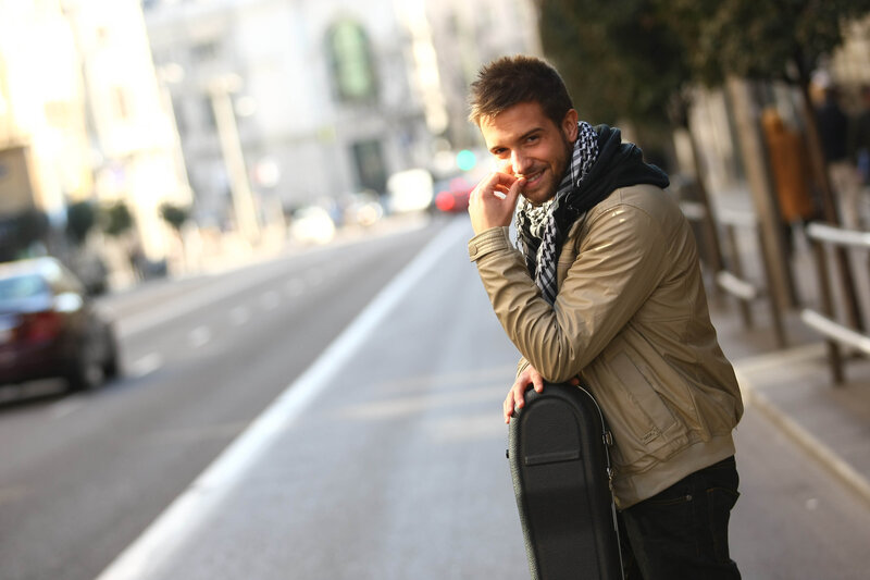 Man Holding Guitar Case — Beige, Casual
