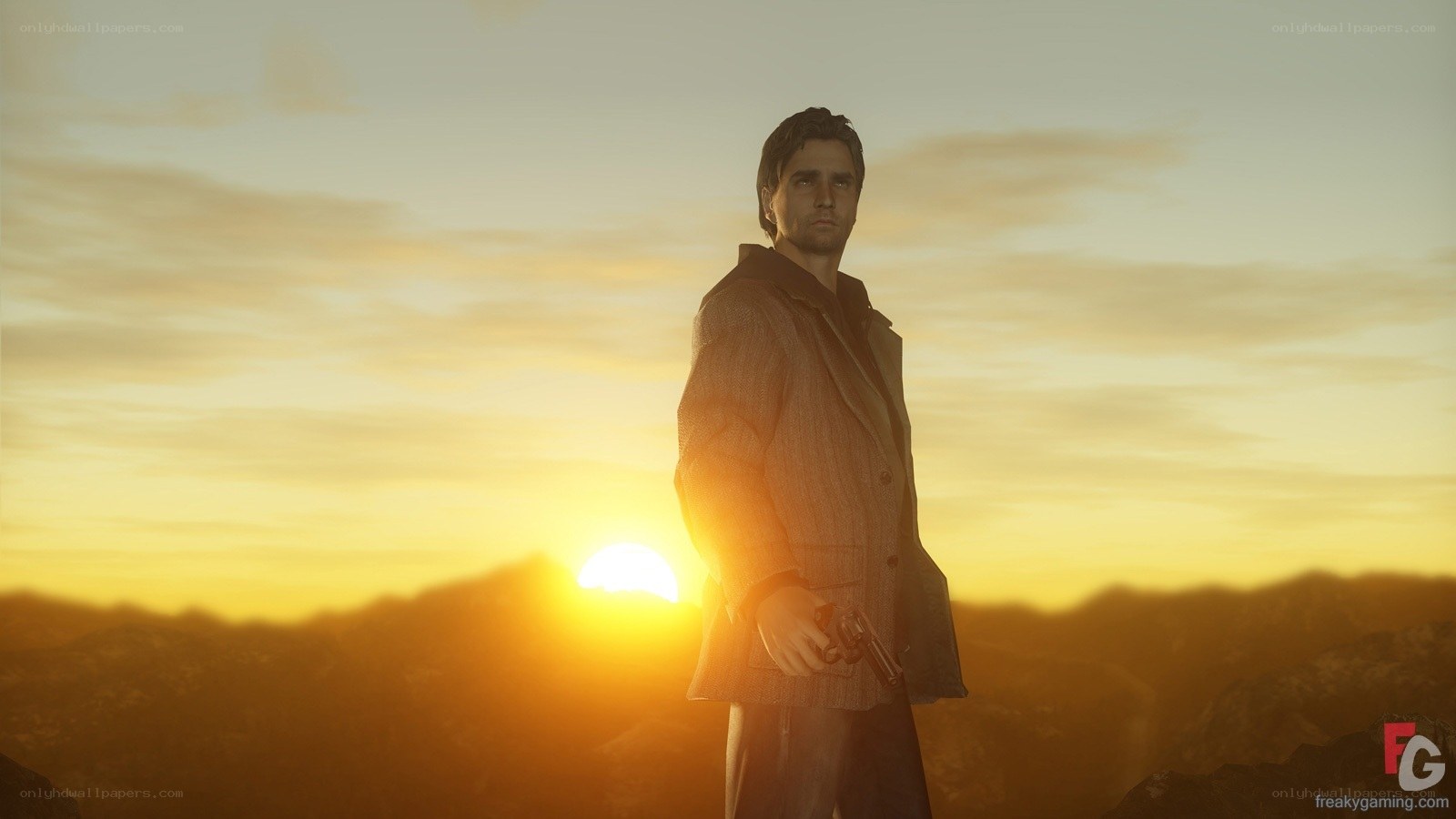 man holding gun at sunset