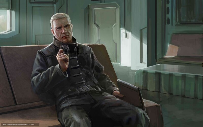 Man Holding Gun — Gray, Dramatic, Digital Art, Chair
