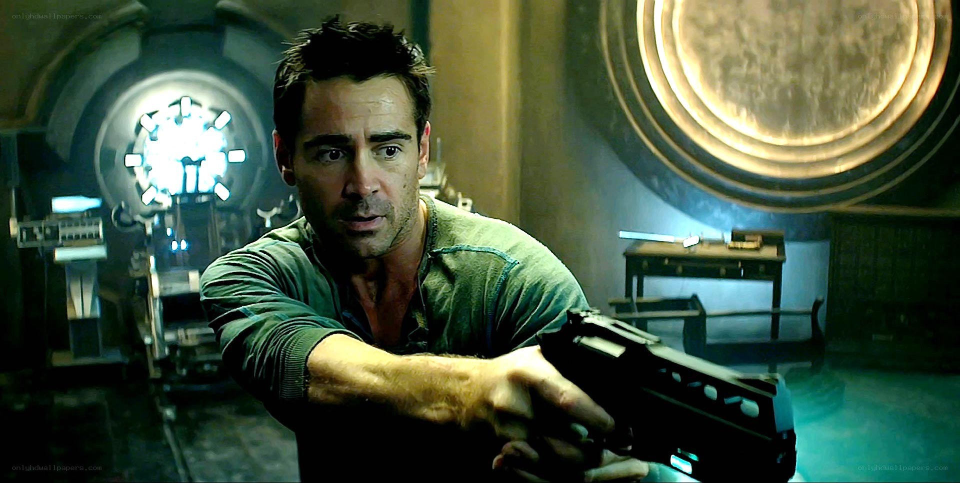 Man holding gun in sci-fi room
