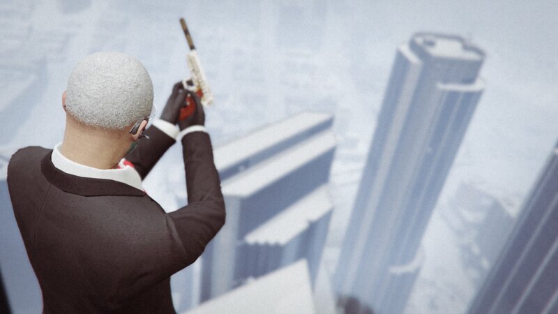 Man Holding Gun on Rooftop — Gray