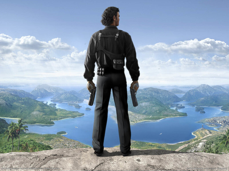 man holding guns on cliff