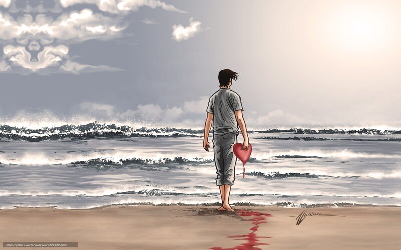 Man Holding Heart on Beach — Gray, Melancholic, Sunset