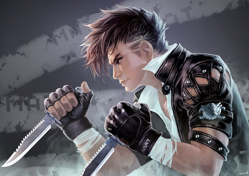 Man Holding Knives — Black, Dramatic, Digital Art, Gloves