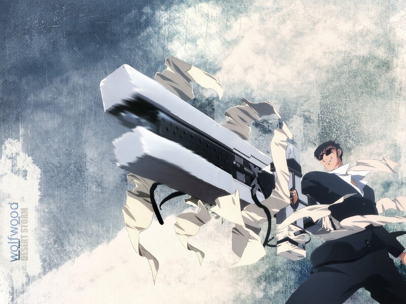 Man Holding Large Gun — White