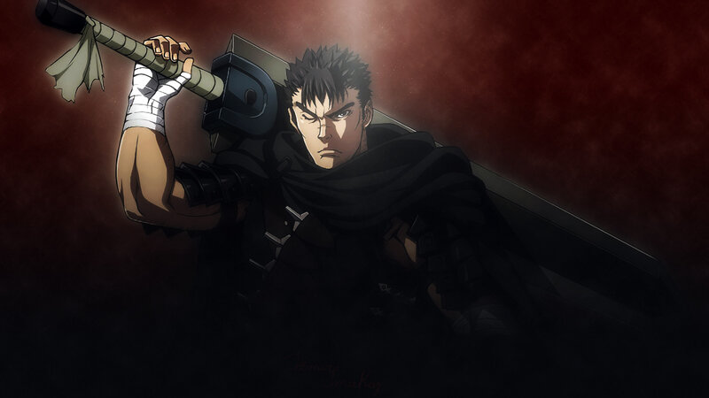 Man Holding Large Sword — Black, Dramatic, Anime