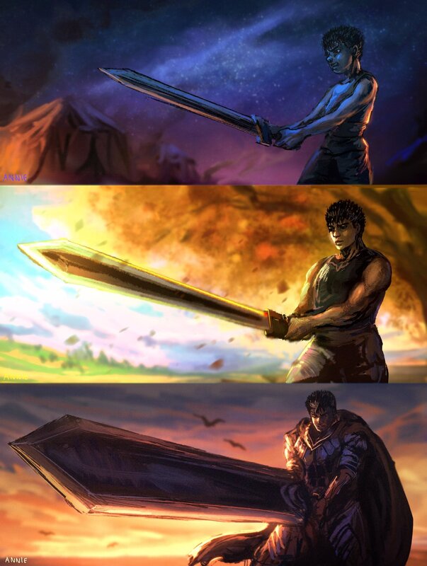 Man Holding Large Sword — Purple, Dramatic