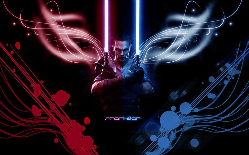 Man Holding Lightsabers — Black, Dramatic, Night, Digital Art, Energy Effects