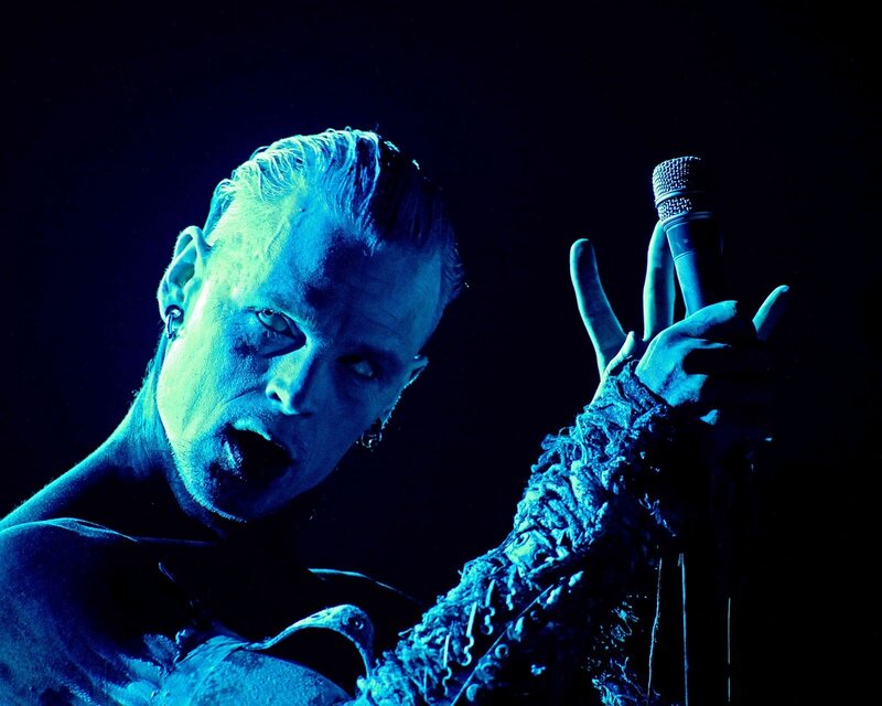 Man Holding Microphone — Blue, Dramatic, Night, Photograph