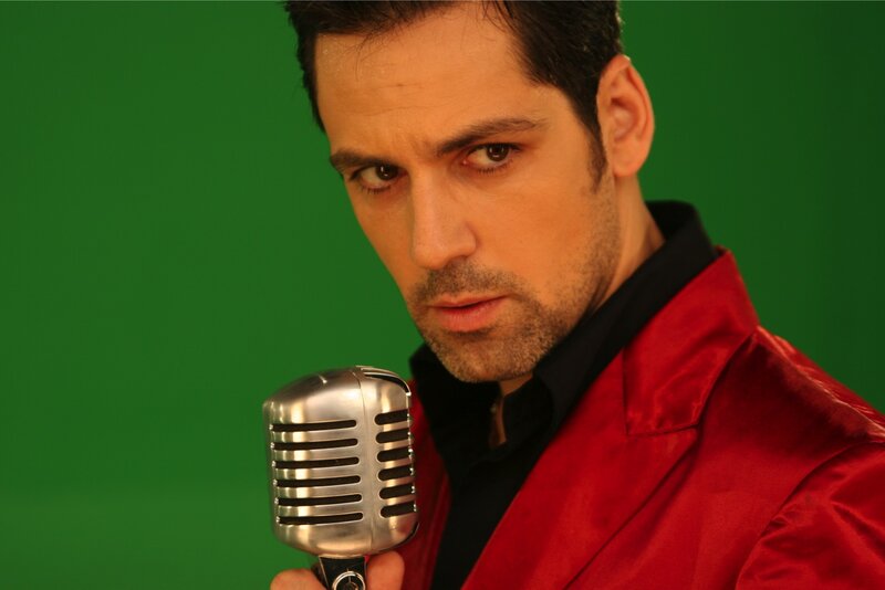 Man Holding Microphone — Red, Dramatic