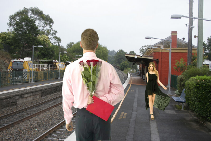 Man Holding Roses at Train Station