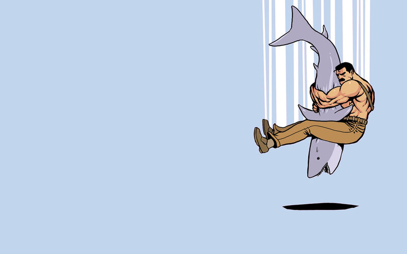 Man Holding Shark — Blue, Dramatic, Comic, Shadow