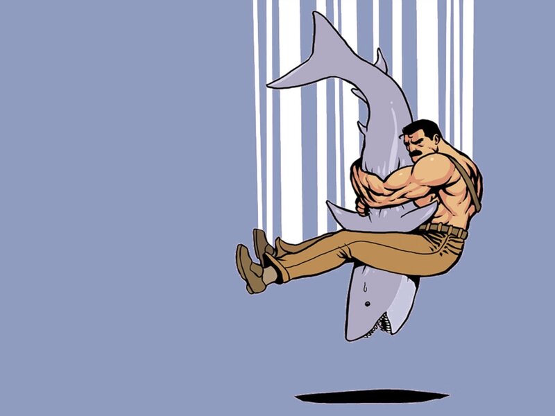 Man Holding Shark — Blue, Dramatic, Comic, Stripes
