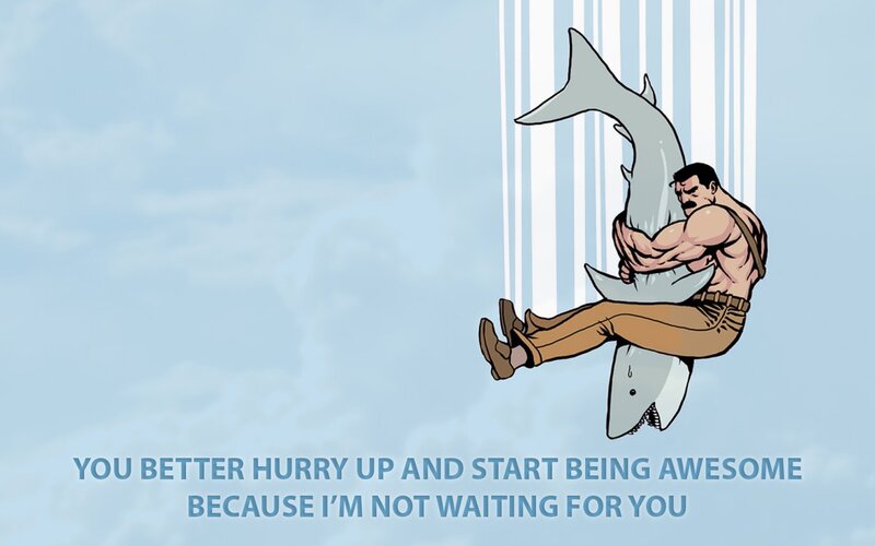Man Holding Shark — Blue, Dramatic, Comic, Text