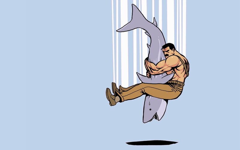 Man Holding Shark — Blue, Dramatic, Comic