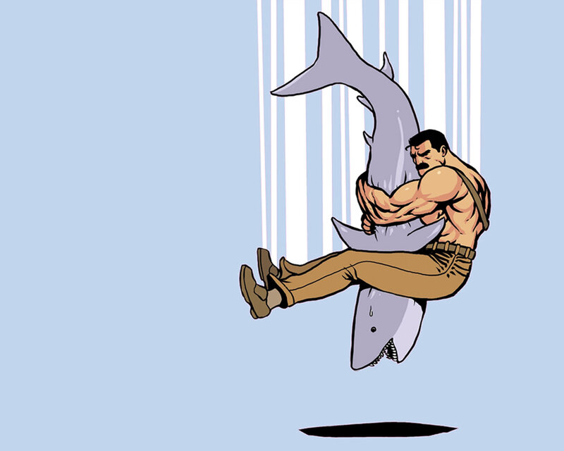 Man Holding Shark — Blue, Dramatic
