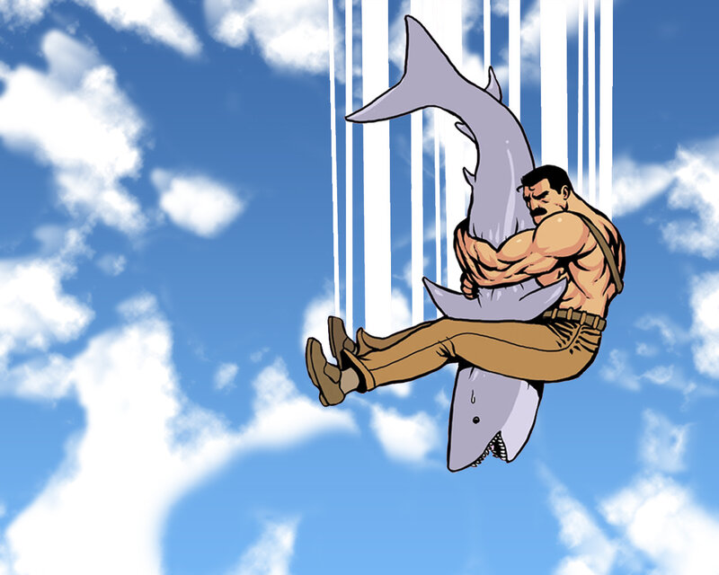 man holding shark in sky