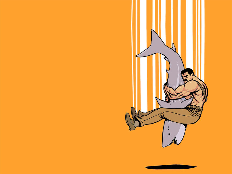 Man Holding Shark — Orange, Dramatic