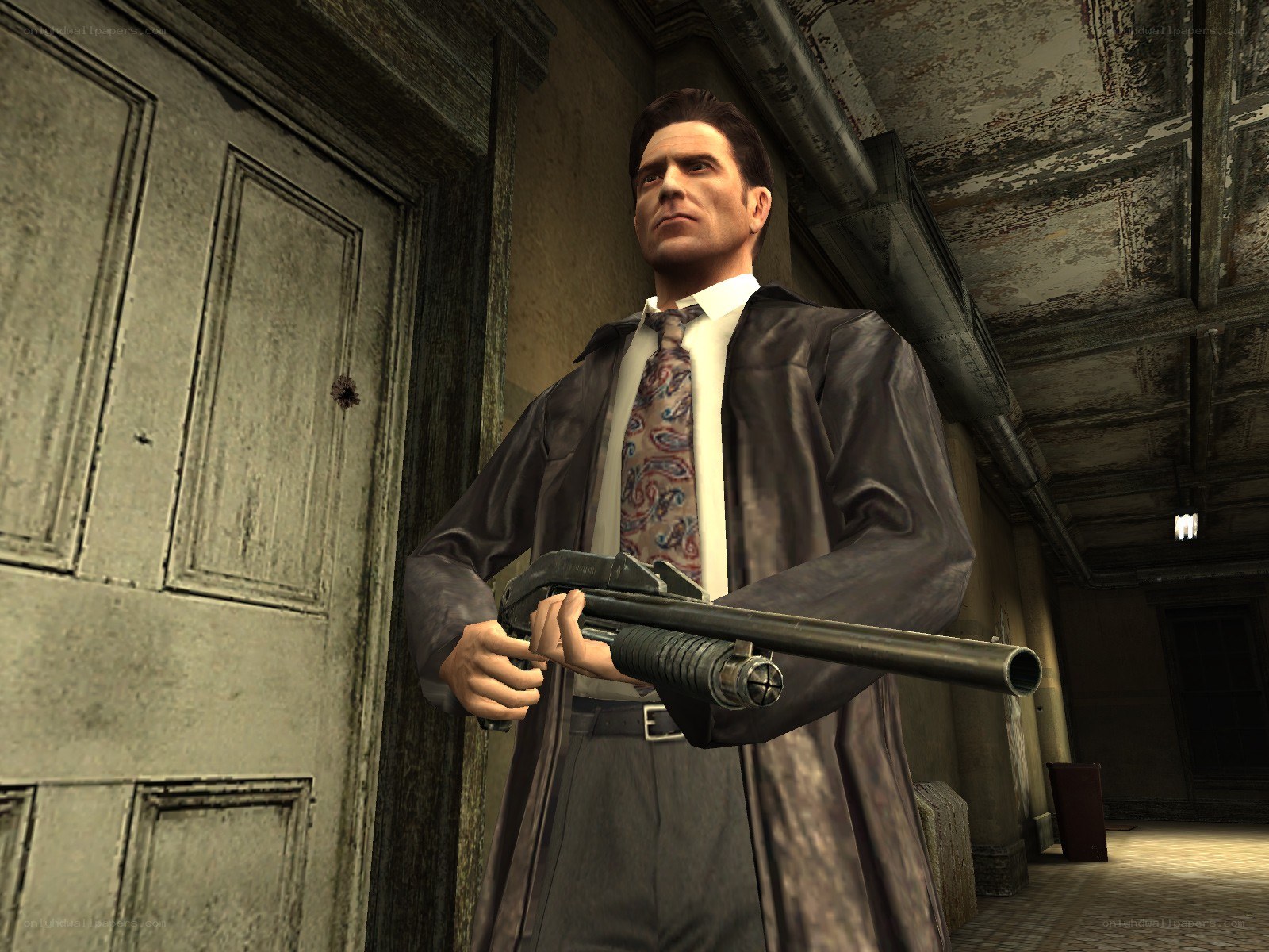 Man holding shotgun in hallway
