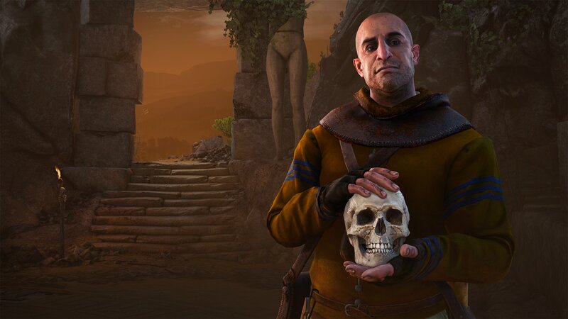Man Holding Skull — Brown, Dramatic, Sunset