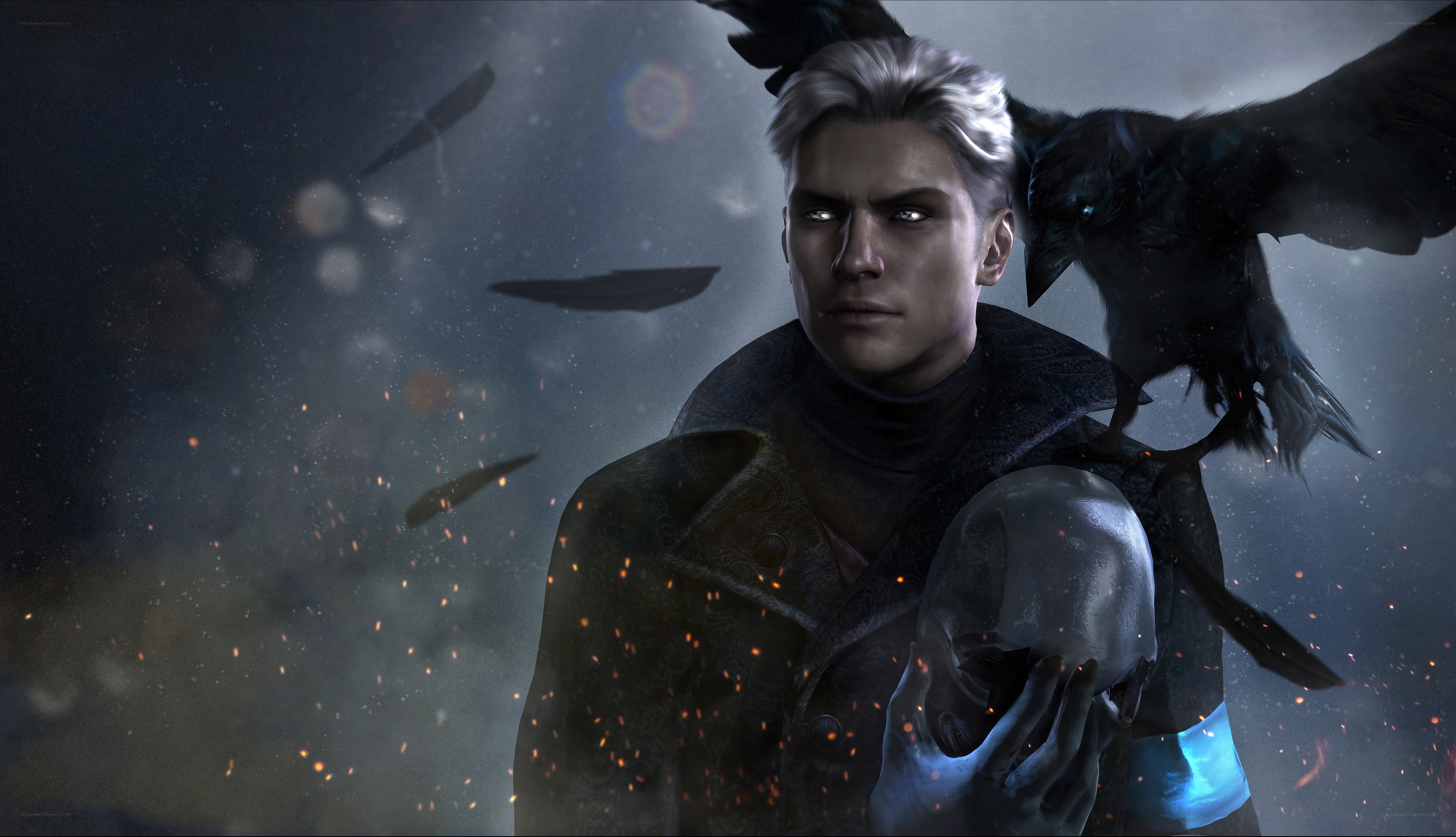 man holding skull with crow