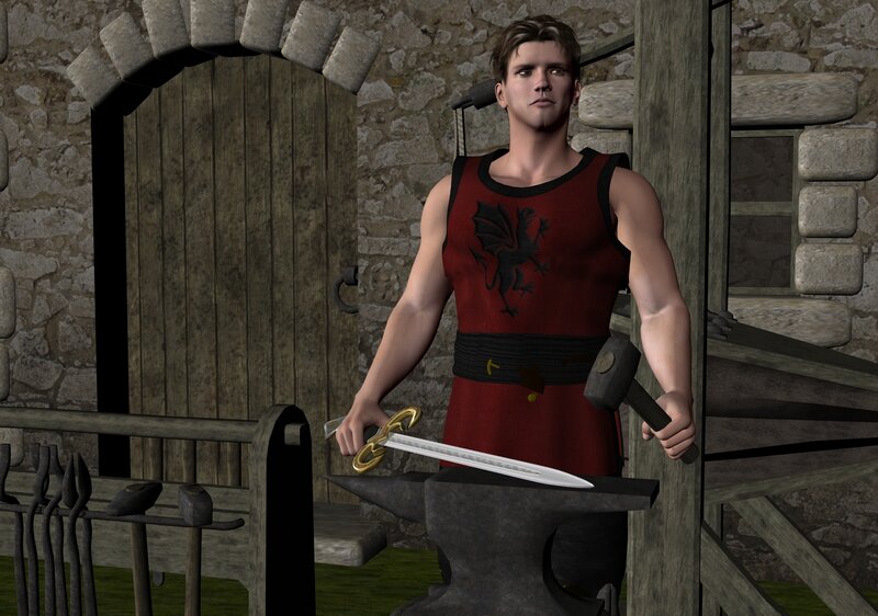 Man Holding Sword and Hammer