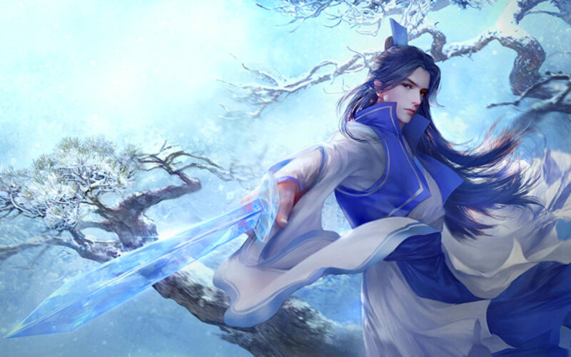 Man Holding Sword — Blue, Dramatic, Winter