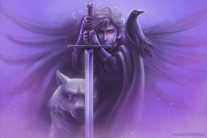 Man Holding Sword with Wolf