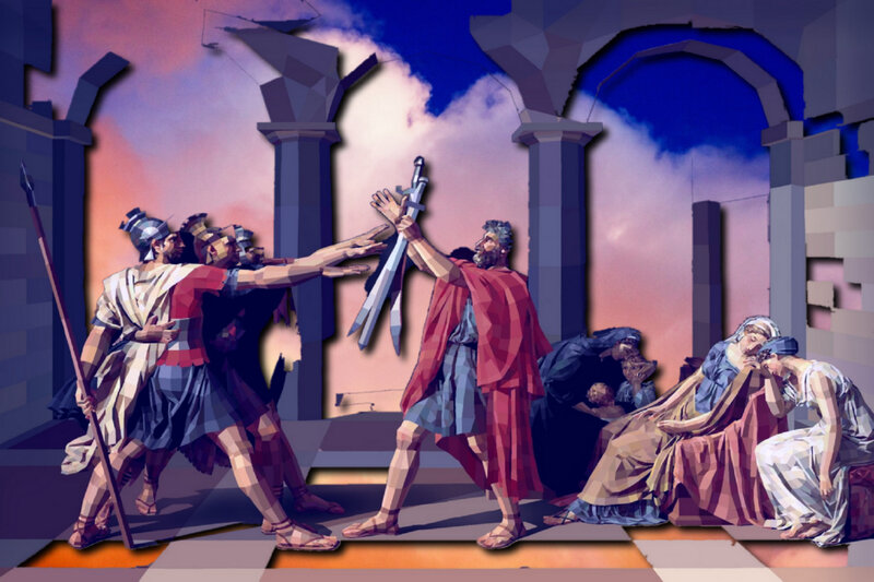 Man Holding Swords — Purple